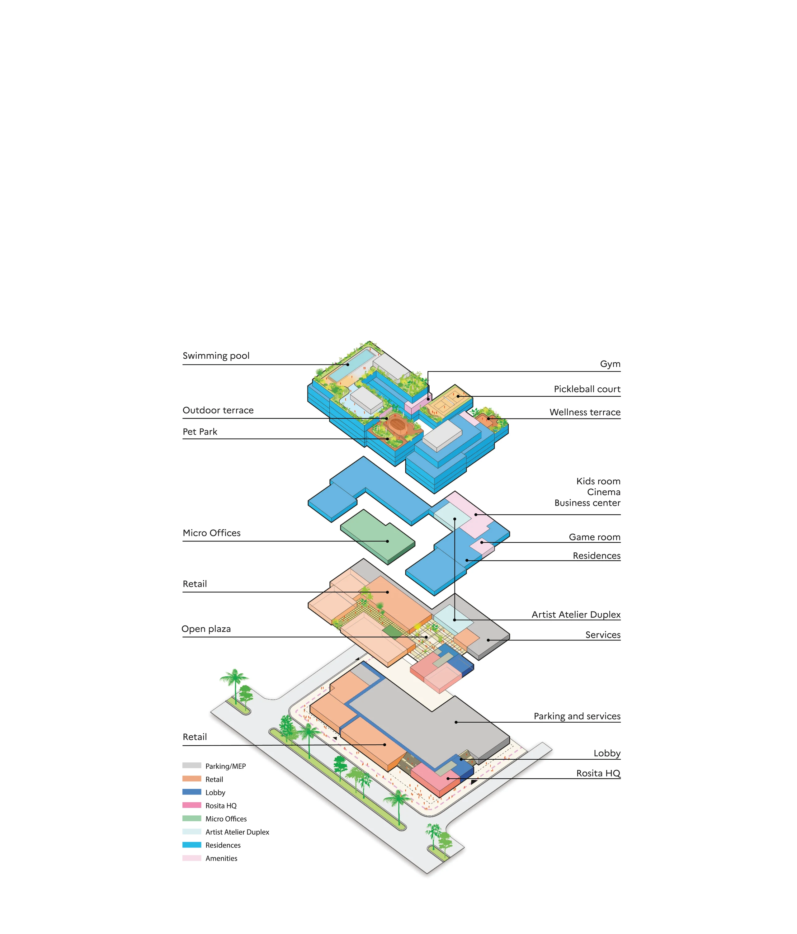 Exploded axonometric of WOMA showing the micro-offices level highlighted in green within the stacked program