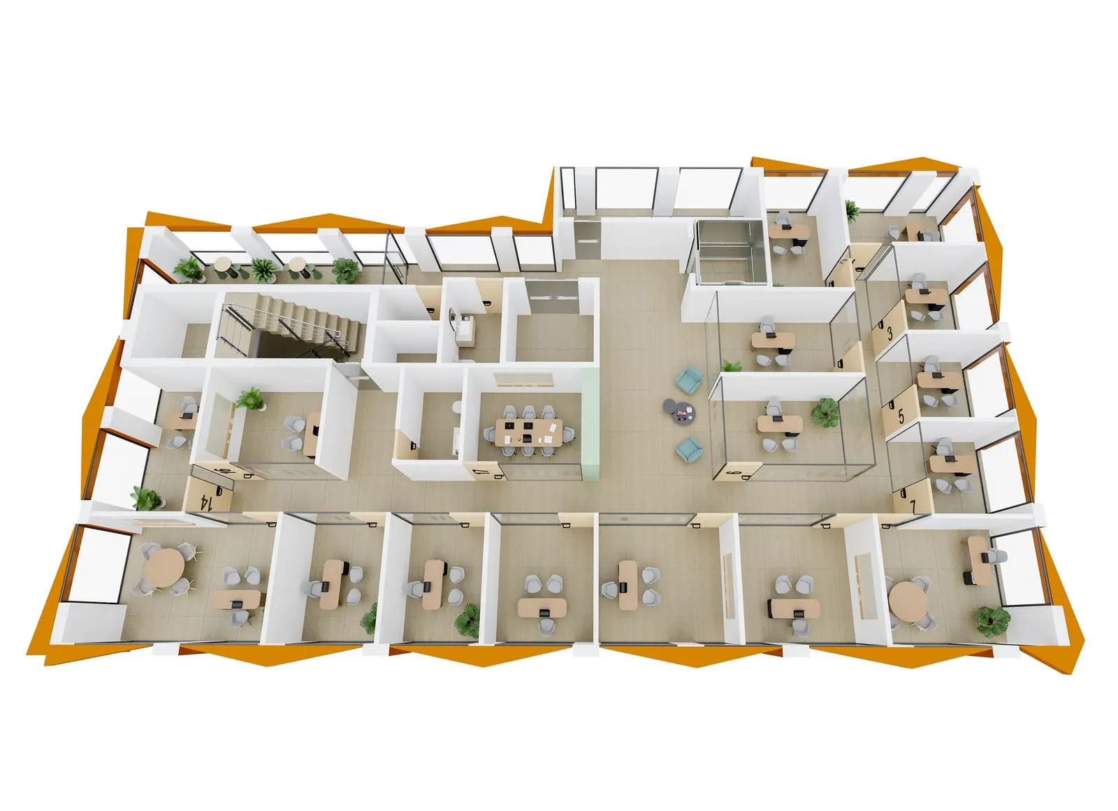Axonometric floor plan of the micro-office level, with numbered units around a shared core
