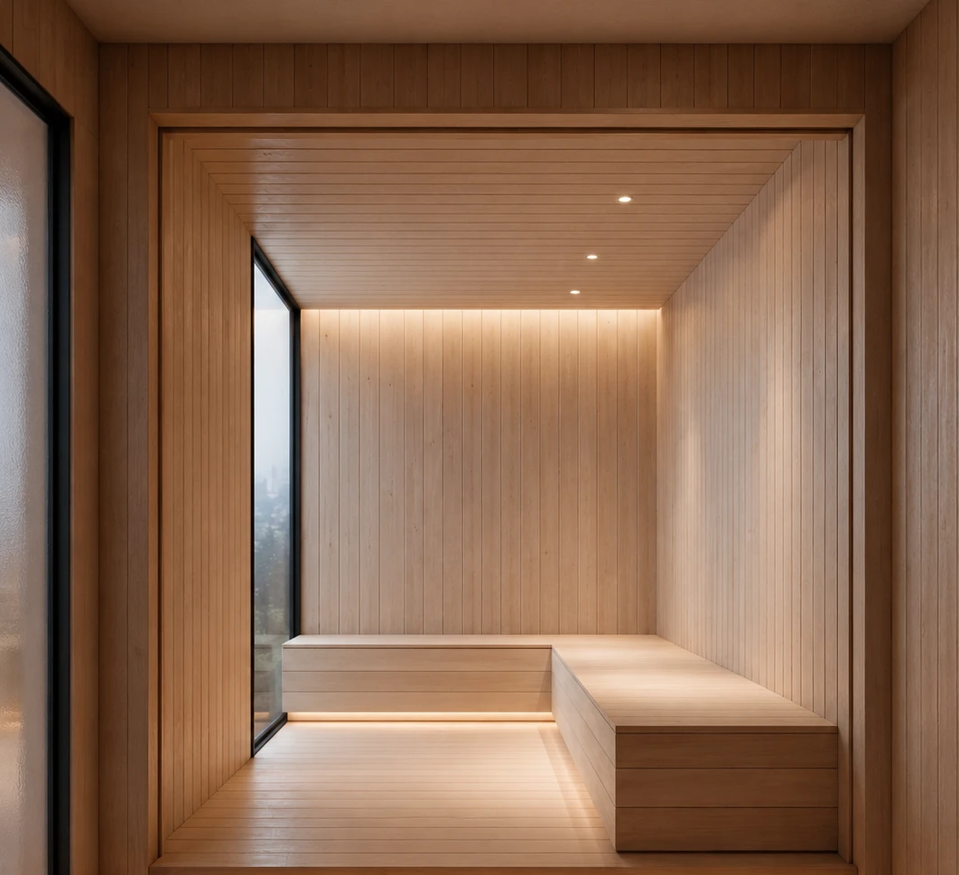 Cedar sauna in warm light
