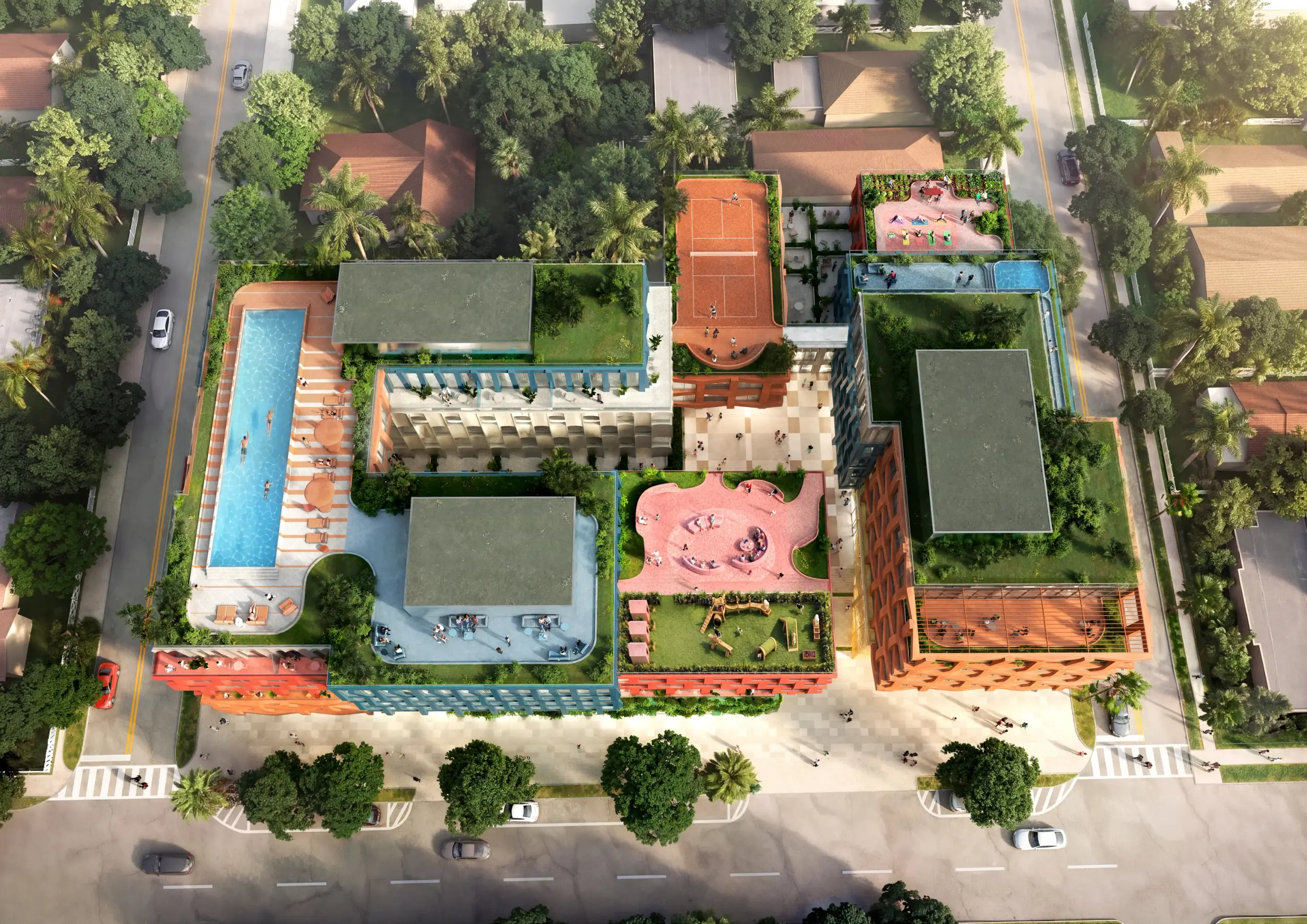 Aerial view of WOMA's wellness terrace — pool, pet park, pickleball and lounges from above